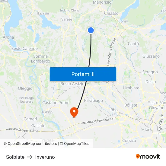 Solbiate to Inveruno map