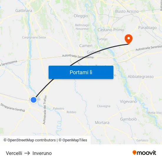 Vercelli to Inveruno map