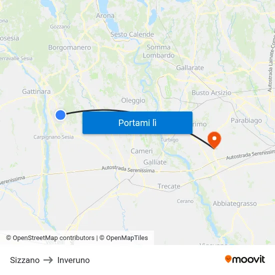 Sizzano to Inveruno map
