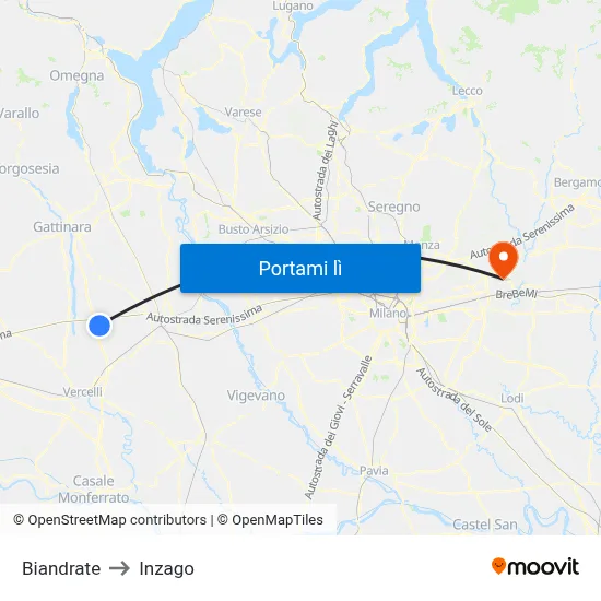 Biandrate to Inzago map