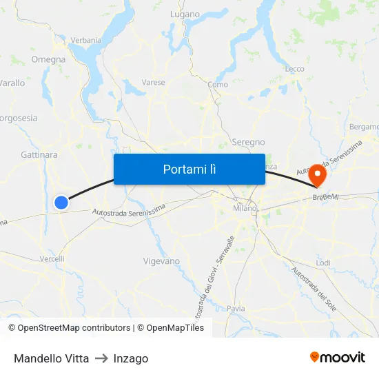 Mandello Vitta to Inzago map