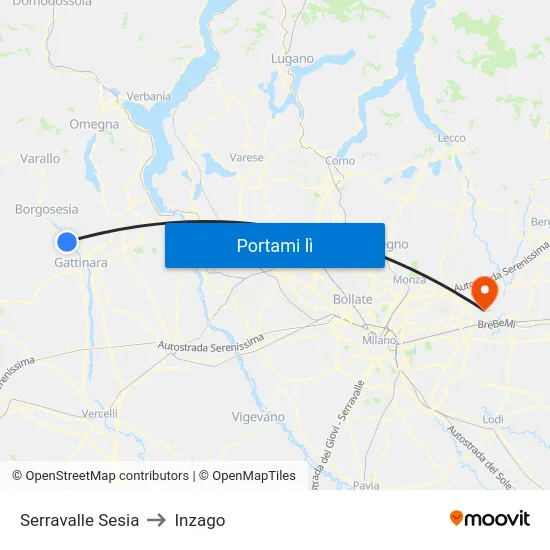 Serravalle Sesia to Inzago map