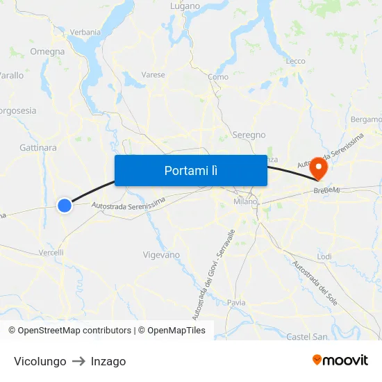 Vicolungo to Inzago map