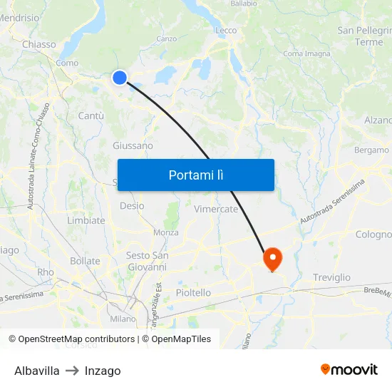 Albavilla to Inzago map
