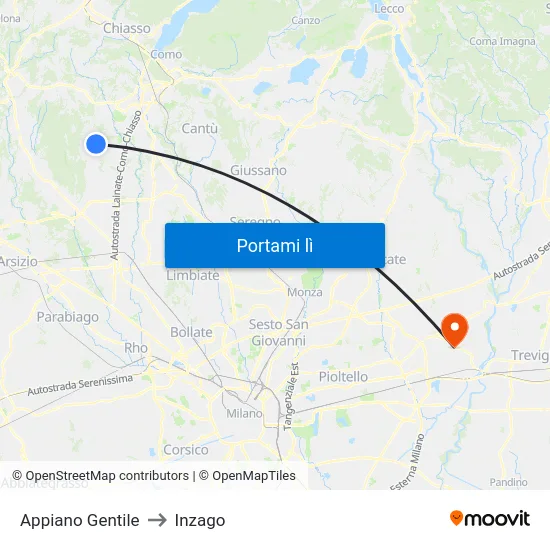 Appiano Gentile to Inzago map