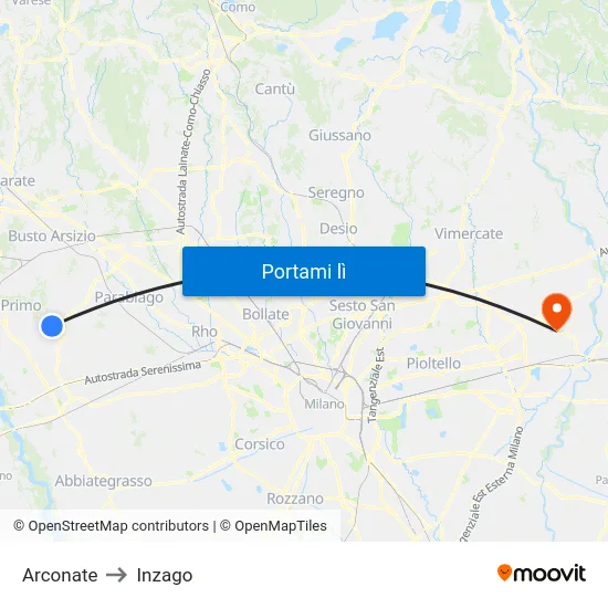 Arconate to Inzago map