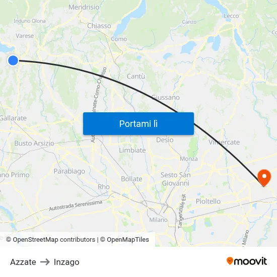 Azzate to Inzago map