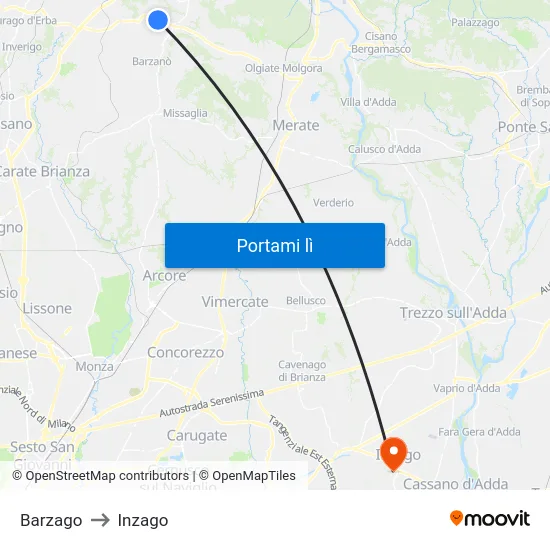 Barzago to Inzago map