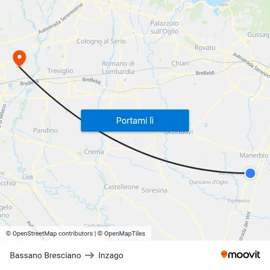 Bassano Bresciano to Inzago map