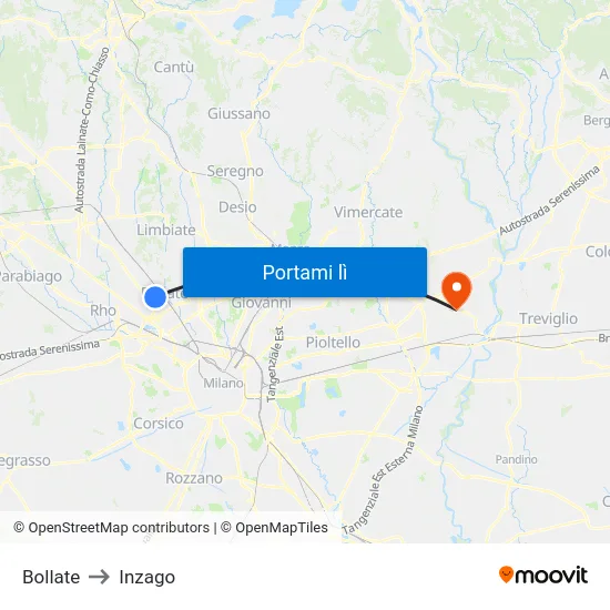 Bollate to Inzago map