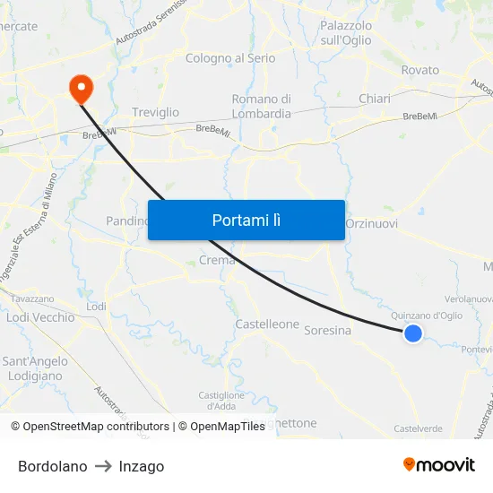 Bordolano to Inzago map