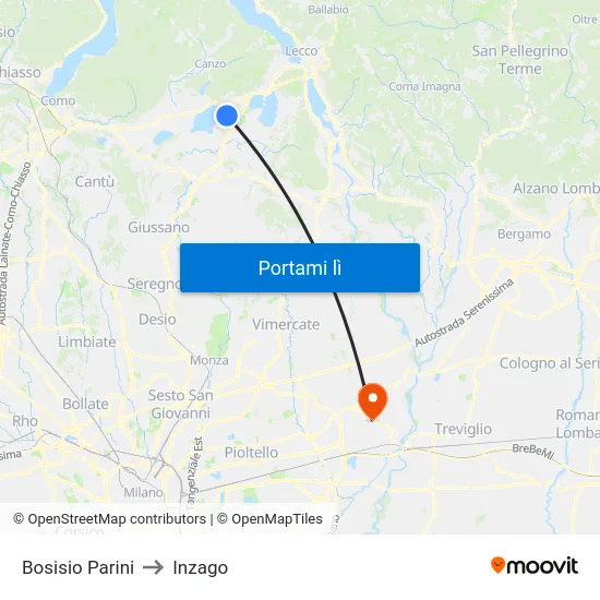 Bosisio Parini to Inzago map