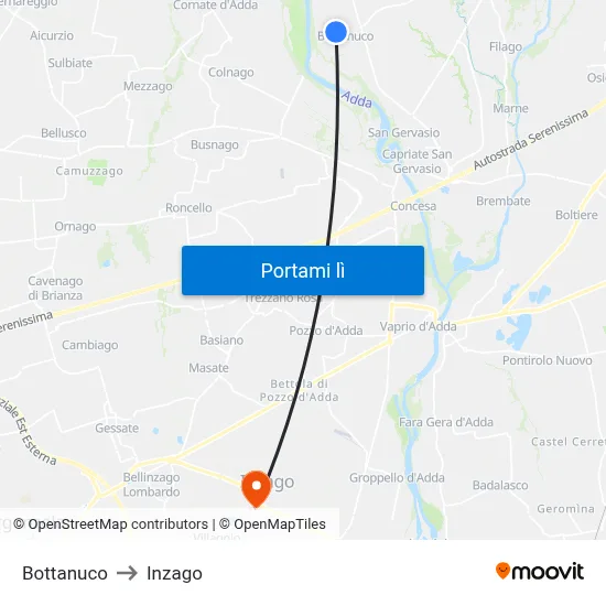 Bottanuco to Inzago map