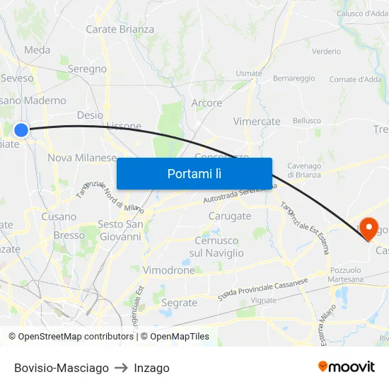 Bovisio-Masciago to Inzago map