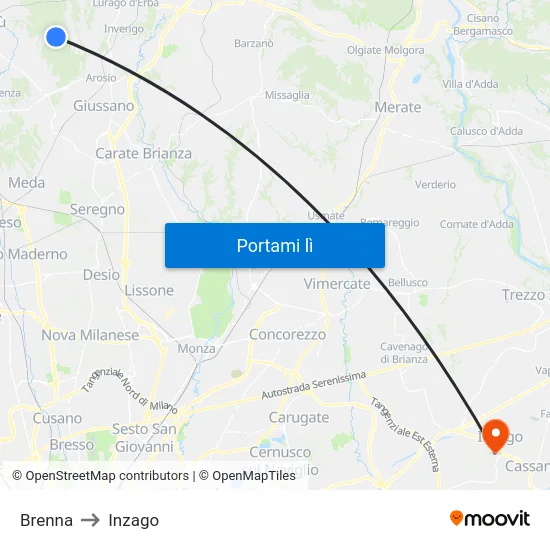 Brenna to Inzago map