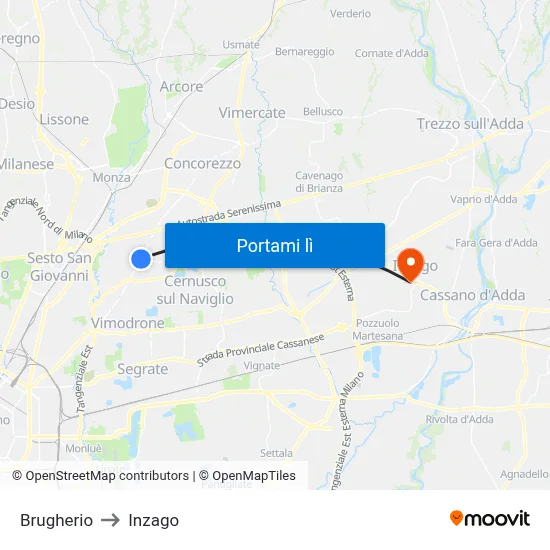 Brugherio to Inzago map