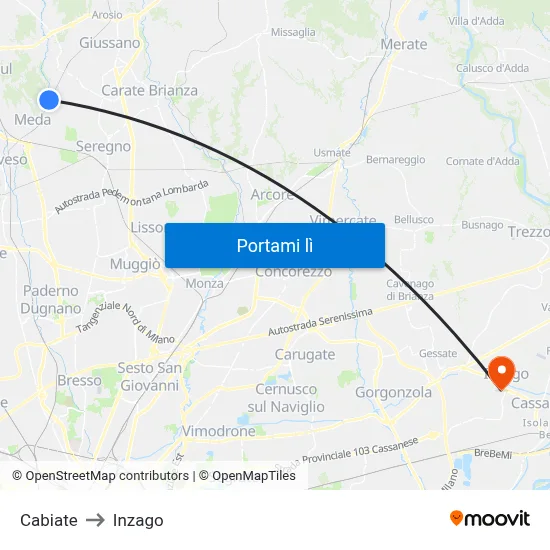 Cabiate to Inzago map