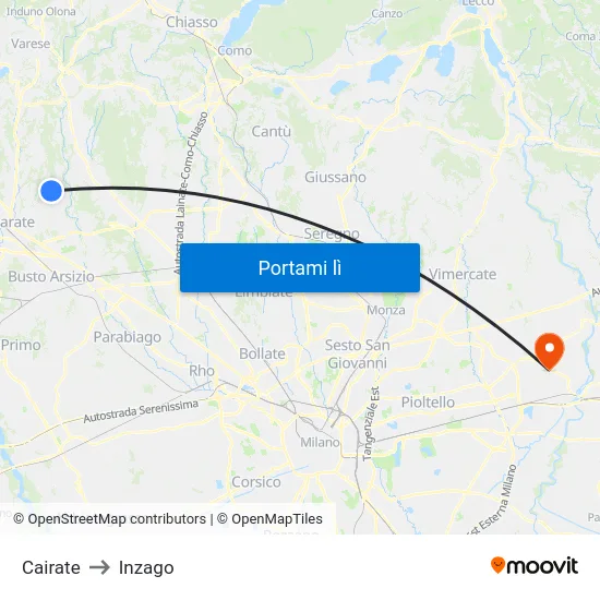 Cairate to Inzago map