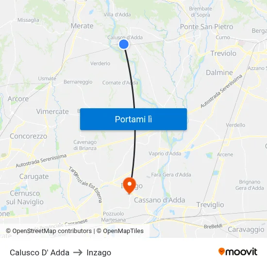 Calusco D' Adda to Inzago map