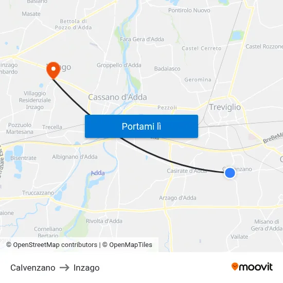 Calvenzano to Inzago map
