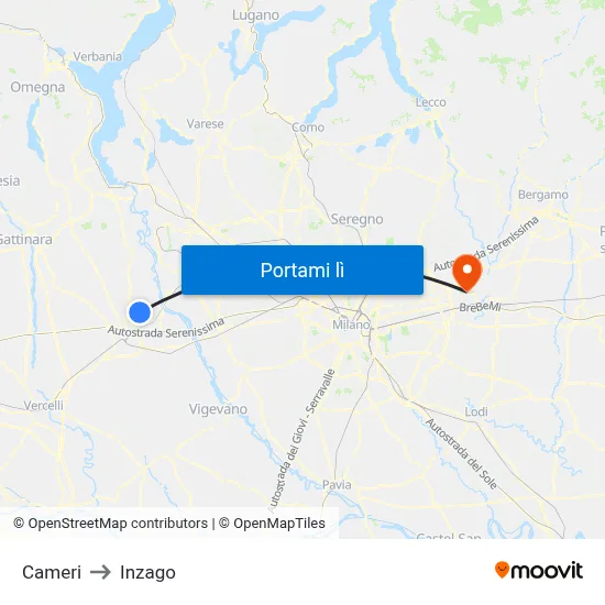 Cameri to Inzago map