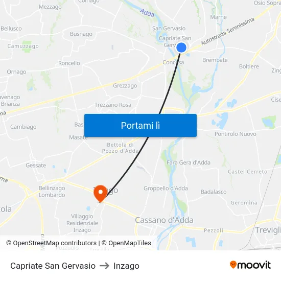 Capriate San Gervasio to Inzago map