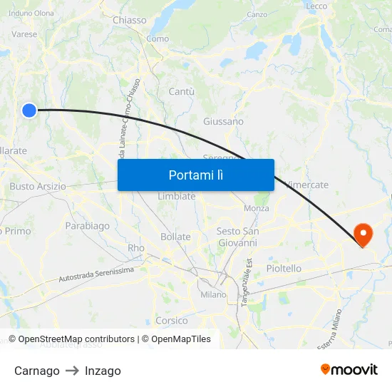Carnago to Inzago map