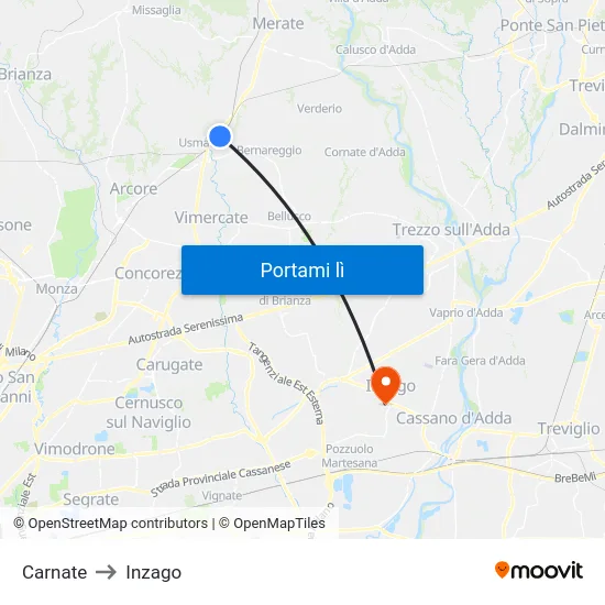 Carnate to Inzago map