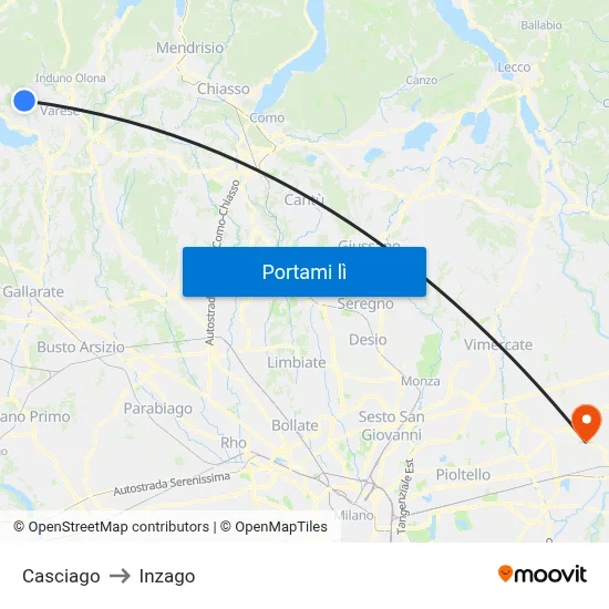 Casciago to Inzago map