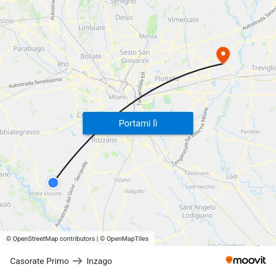 Casorate Primo to Inzago map