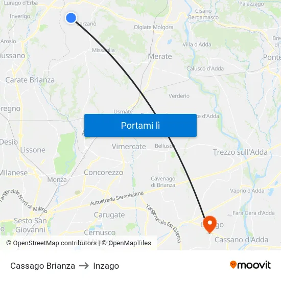 Cassago Brianza to Inzago map