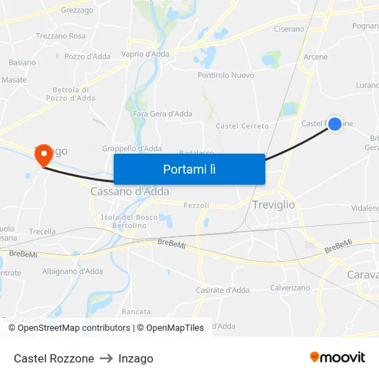 Castel Rozzone to Inzago map
