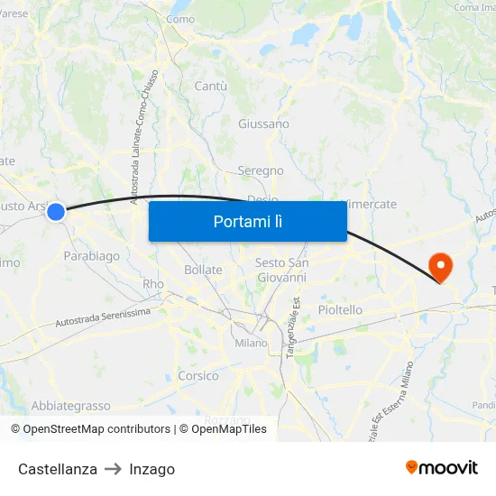 Castellanza to Inzago map