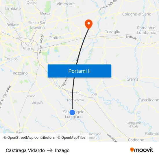 Castiraga Vidardo to Inzago map