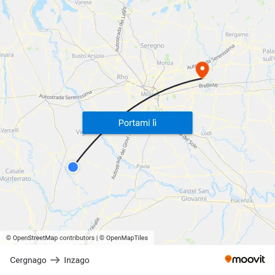 Cergnago to Inzago map
