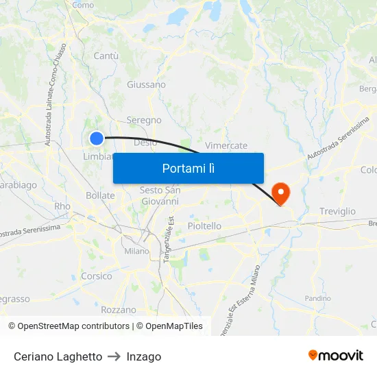 Ceriano Laghetto to Inzago map