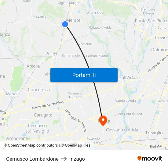 Cernusco Lombardone to Inzago map