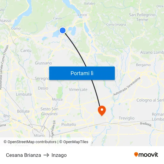 Cesana Brianza to Inzago map