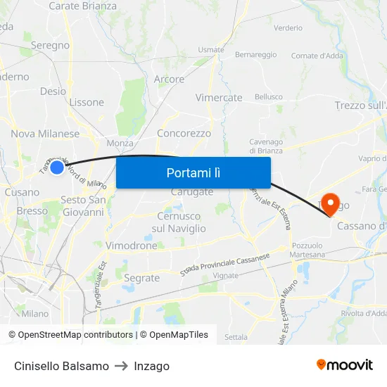 Cinisello Balsamo to Inzago map