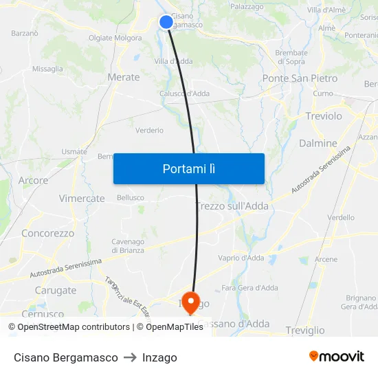 Cisano Bergamasco to Inzago map