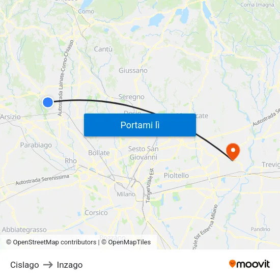 Cislago to Inzago map