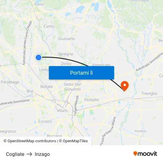 Cogliate to Inzago map