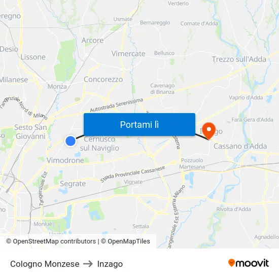 Cologno Monzese to Inzago map