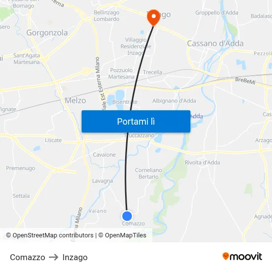 Comazzo to Inzago map