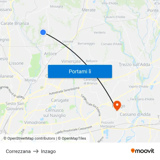 Correzzana to Inzago map