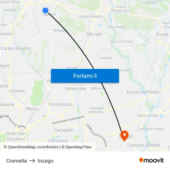 Cremella to Inzago map