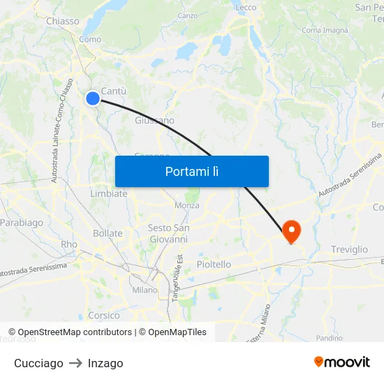 Cucciago to Inzago map