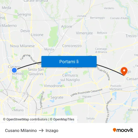 Cusano Milanino to Inzago map