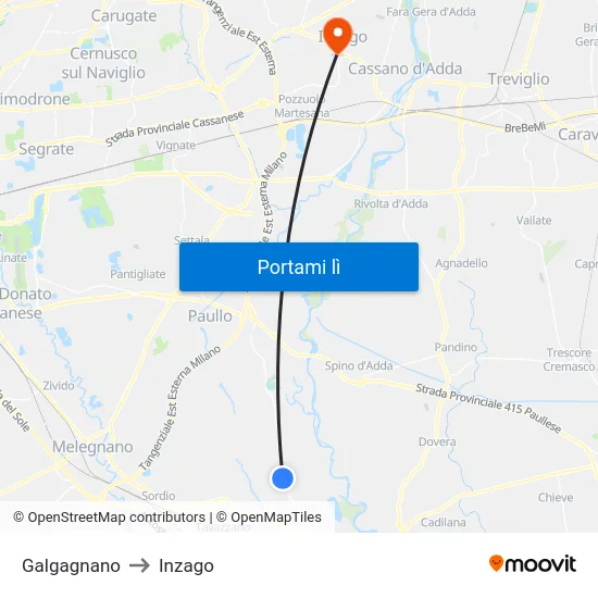 Galgagnano to Inzago map