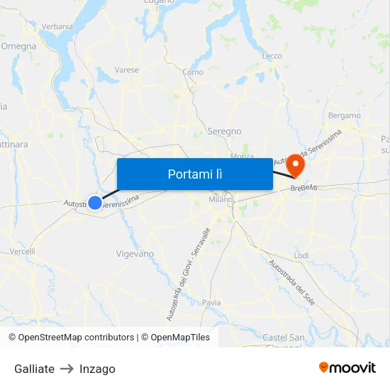 Galliate to Inzago map